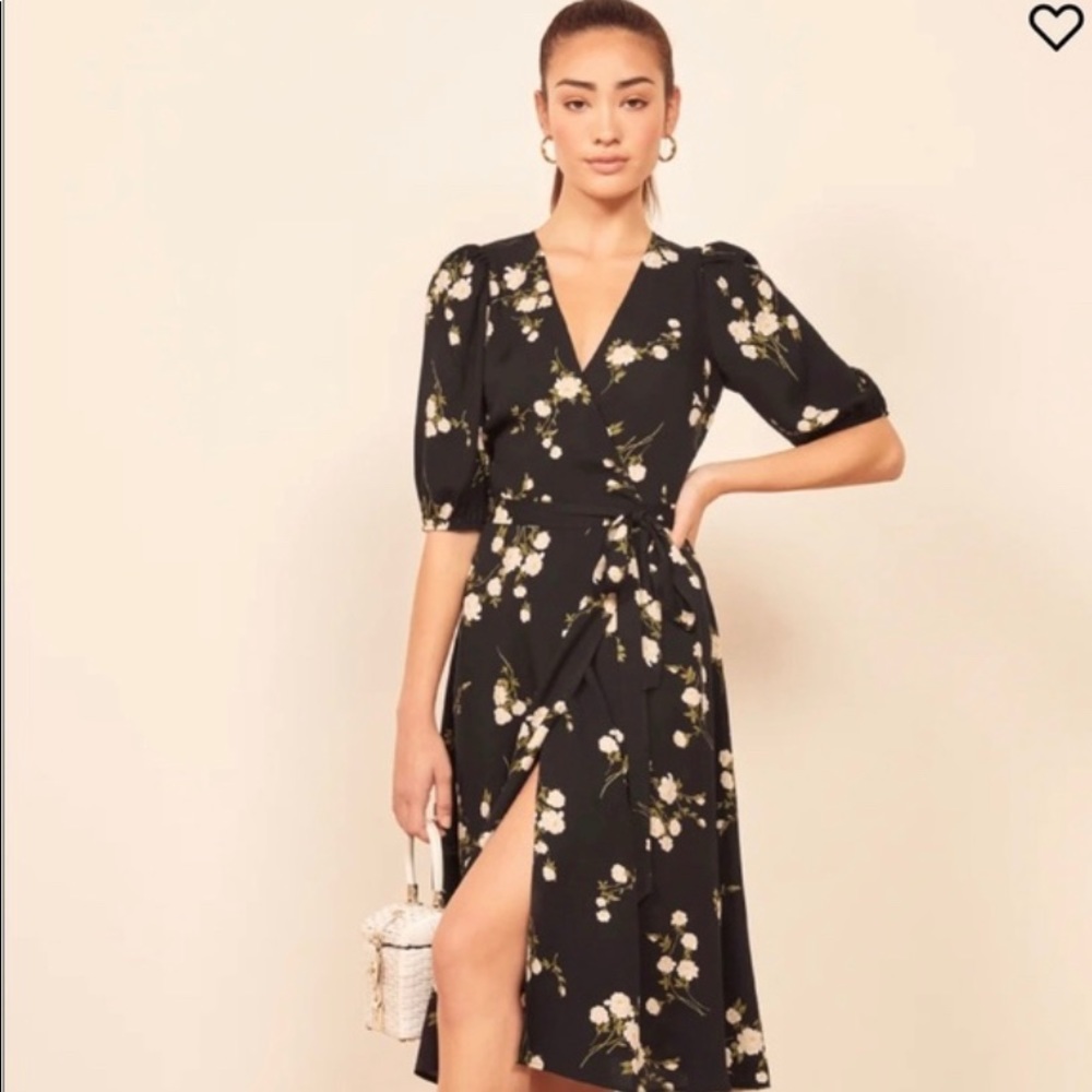 Reformation Black Floral Wrap Midi Dress